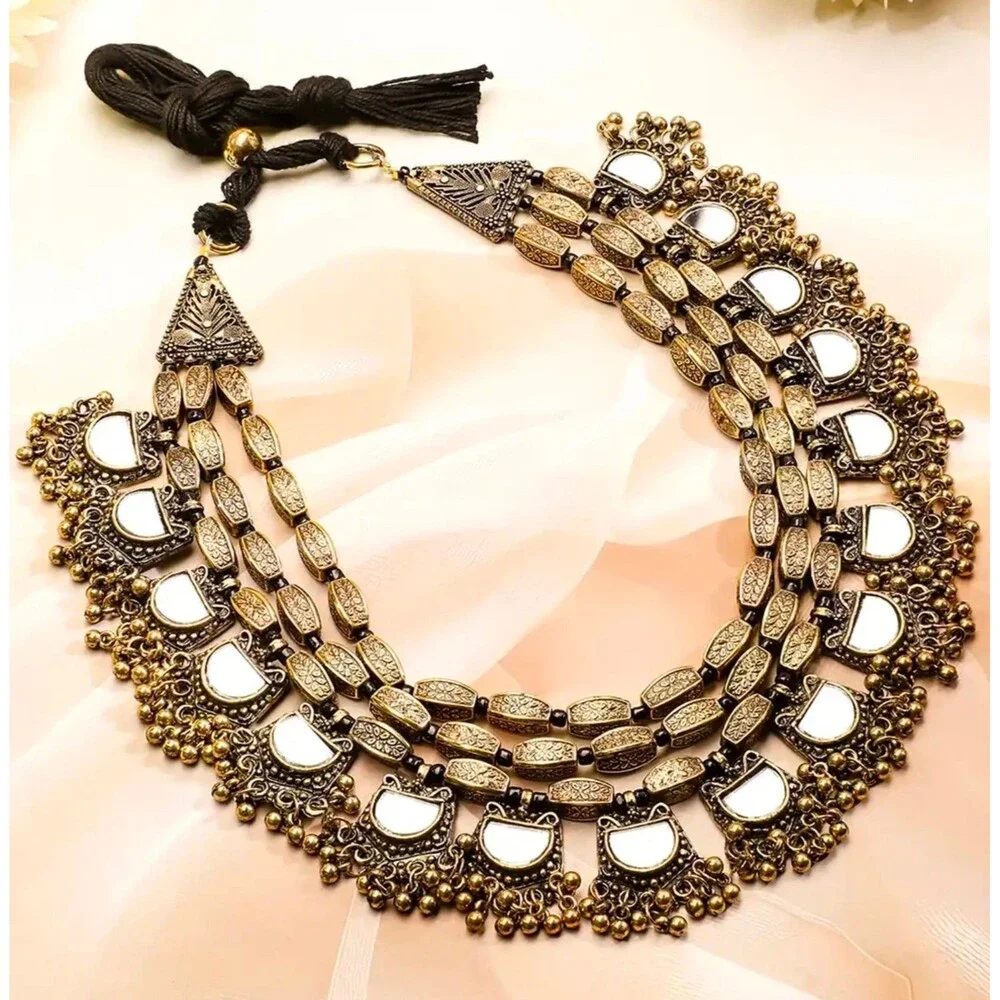 Boho Antique Gold Black Oxidized Layered Necklace 28cm - Picture 2 of 3